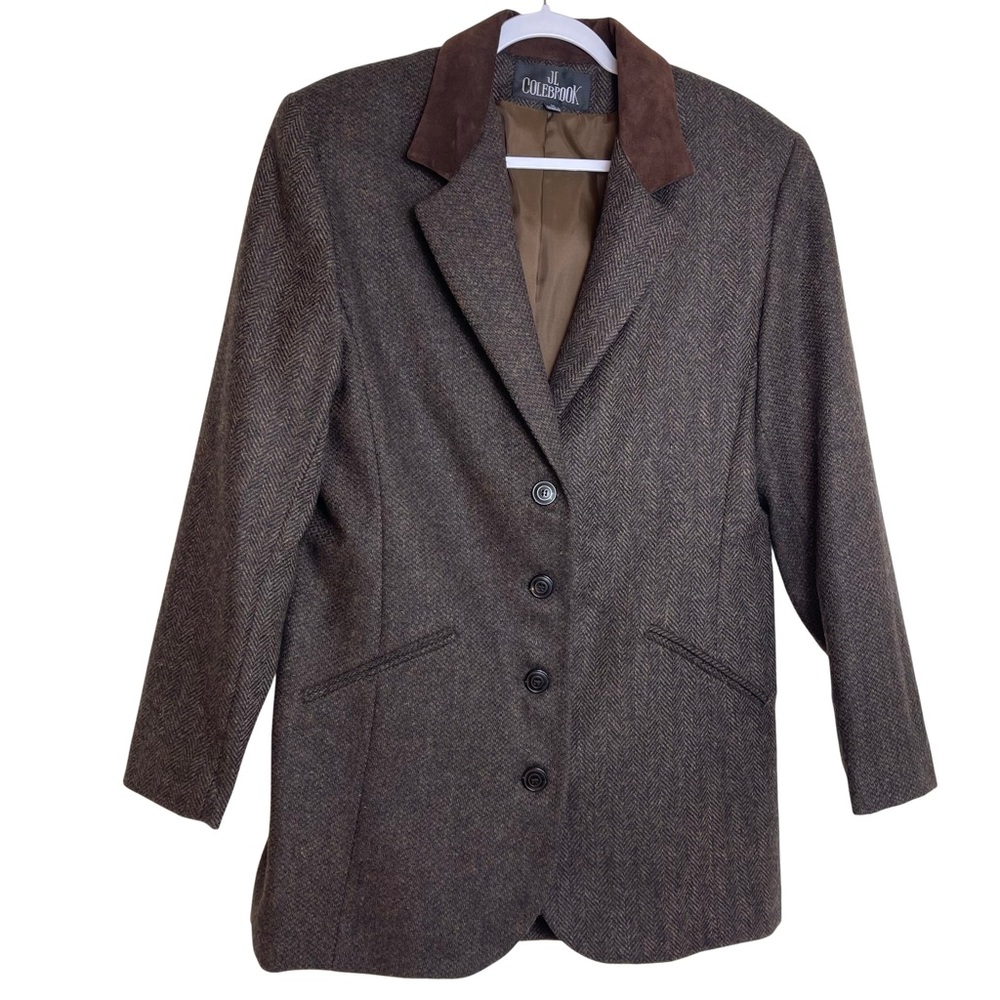 JL Colebrook Brown Herringbone Tweed 100% Wool Blazer Suede Collar Sz Medium